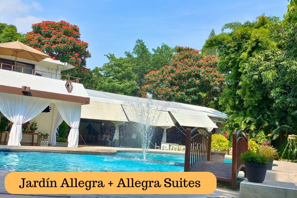 Pool, gardens and event spaces at Jardín Allegra with Allegra Suites in the background, in Cuernavaca near Mexico City.