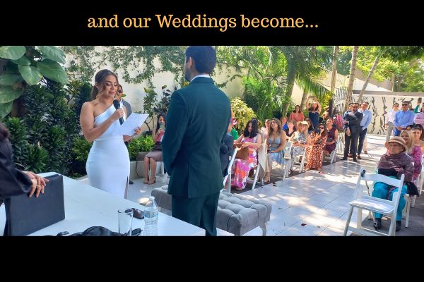 Outdoor wedding ceremony at Jardín Allegra with bride, groom and guests seated in the garden.