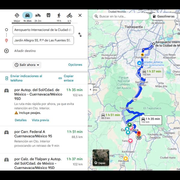Driving map from Mexico City International Airport to Jardín Allegra in Cuernavaca showing about 1 hour 35 minutes via toll highway.