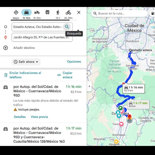 Driving map from Jardín Allegra in Cuernavaca to Estadio Azteca showing about 1 hour 16 minutes via toll highway.