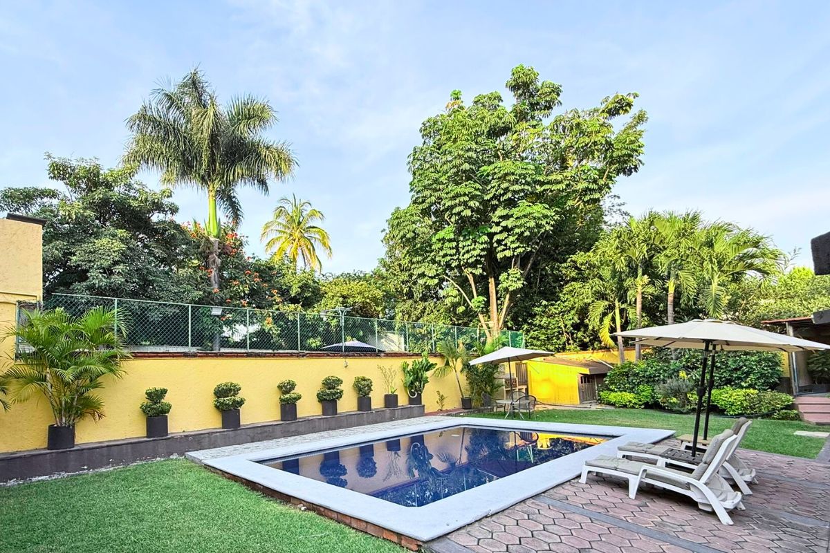 Jardín en Villas Eucalipto con alberca, camastros, sombrillas y vegetación tropical junto a muro amarillo.