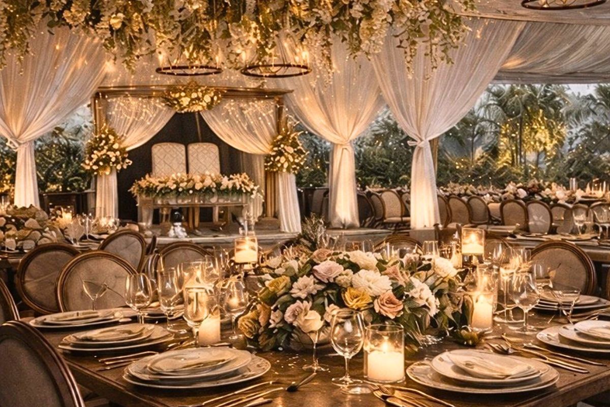 Montaje elegante de recepción para boda en Jardín Allegra 55.