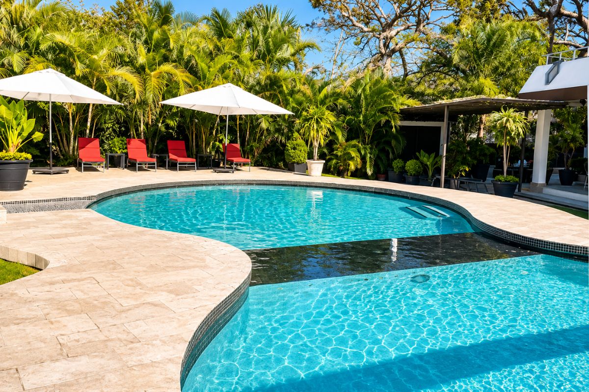 Alberca de diseño curvo con camastros rojos, sombrillas blancas y palapa entre palmeras en Allegra Suites, Allegra Homes en Cuernavaca, Morelos