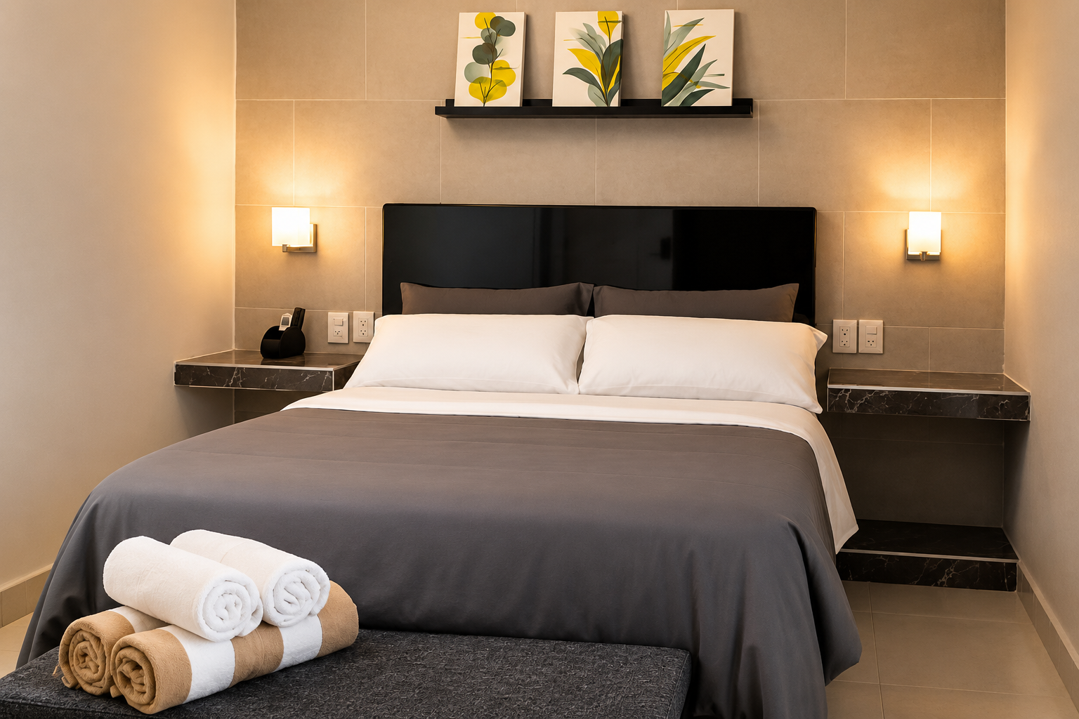Recámara 5 de Allegra Suites con cabecera negra brillante, buros flotantes de mármol oscuro y cuadros botánicos en la pared, Allegra Homes en Cuernavaca, Morelos