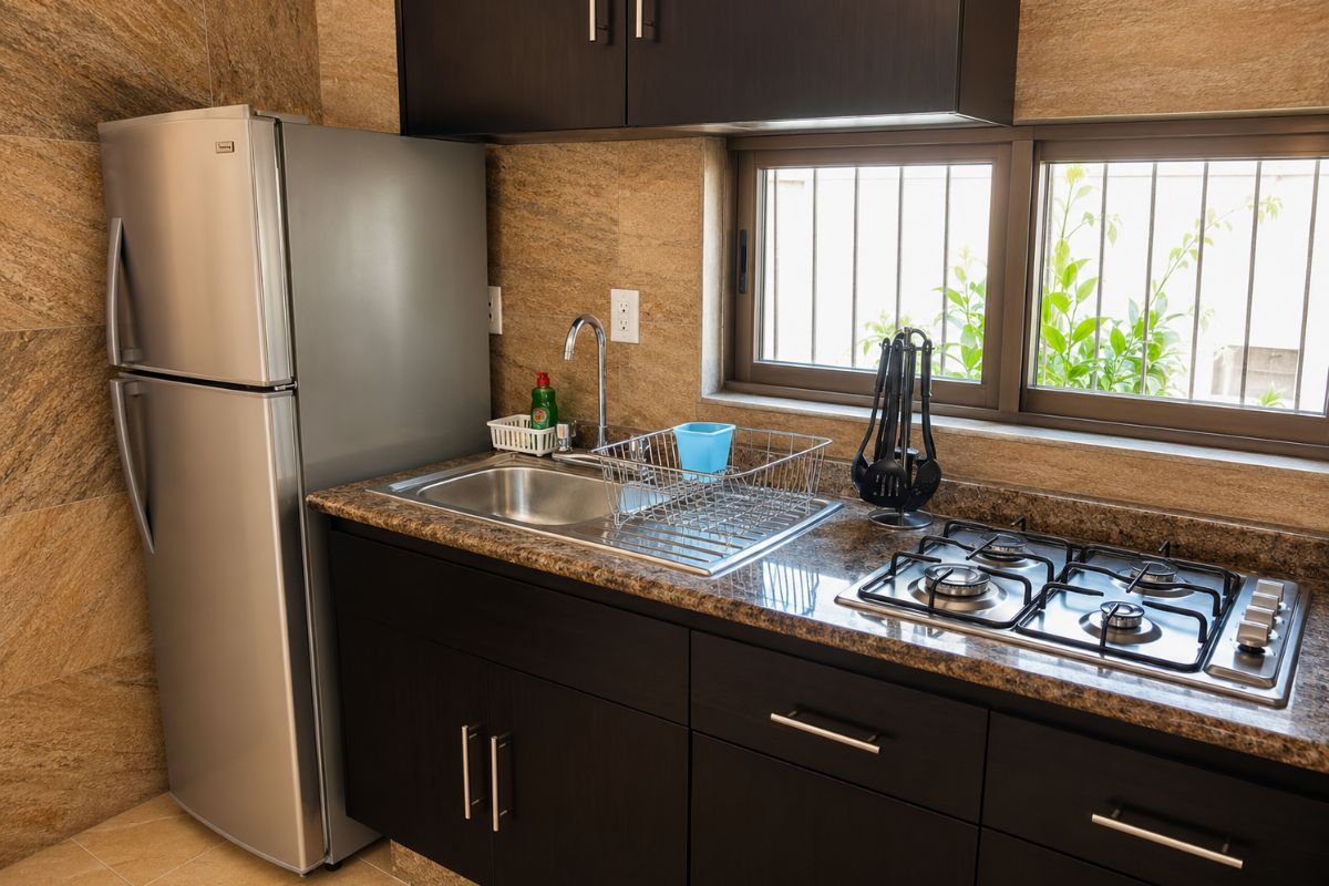 Cocina de Villas Eucalipto con gabinetes oscuros, cubierta de granito, estufa de gas y refrigerador, Allegra Homes en Cuernavaca, Morelos