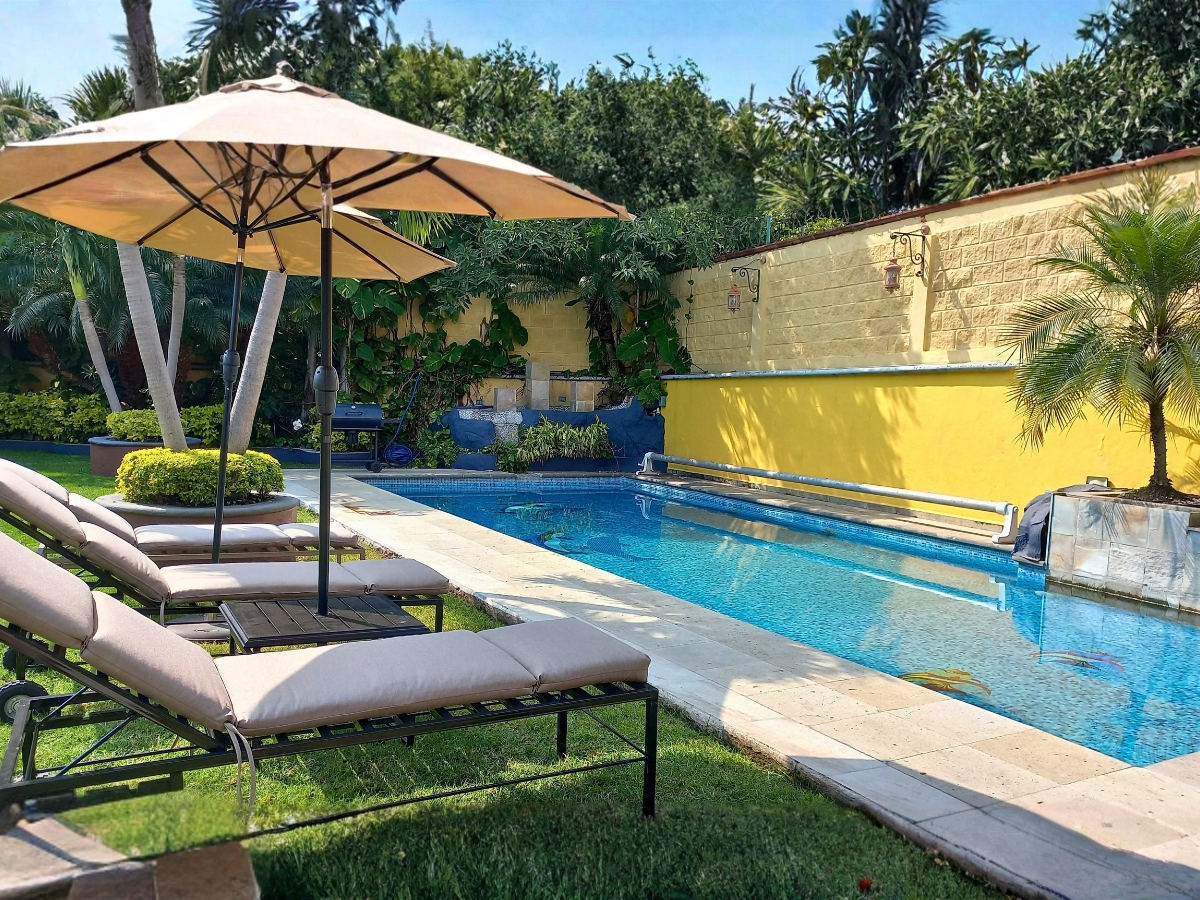 Alberca junto a muro amarillo y azul con camastros y jardín tropical, casa Las Fuentes 34-A en Cuernavaca