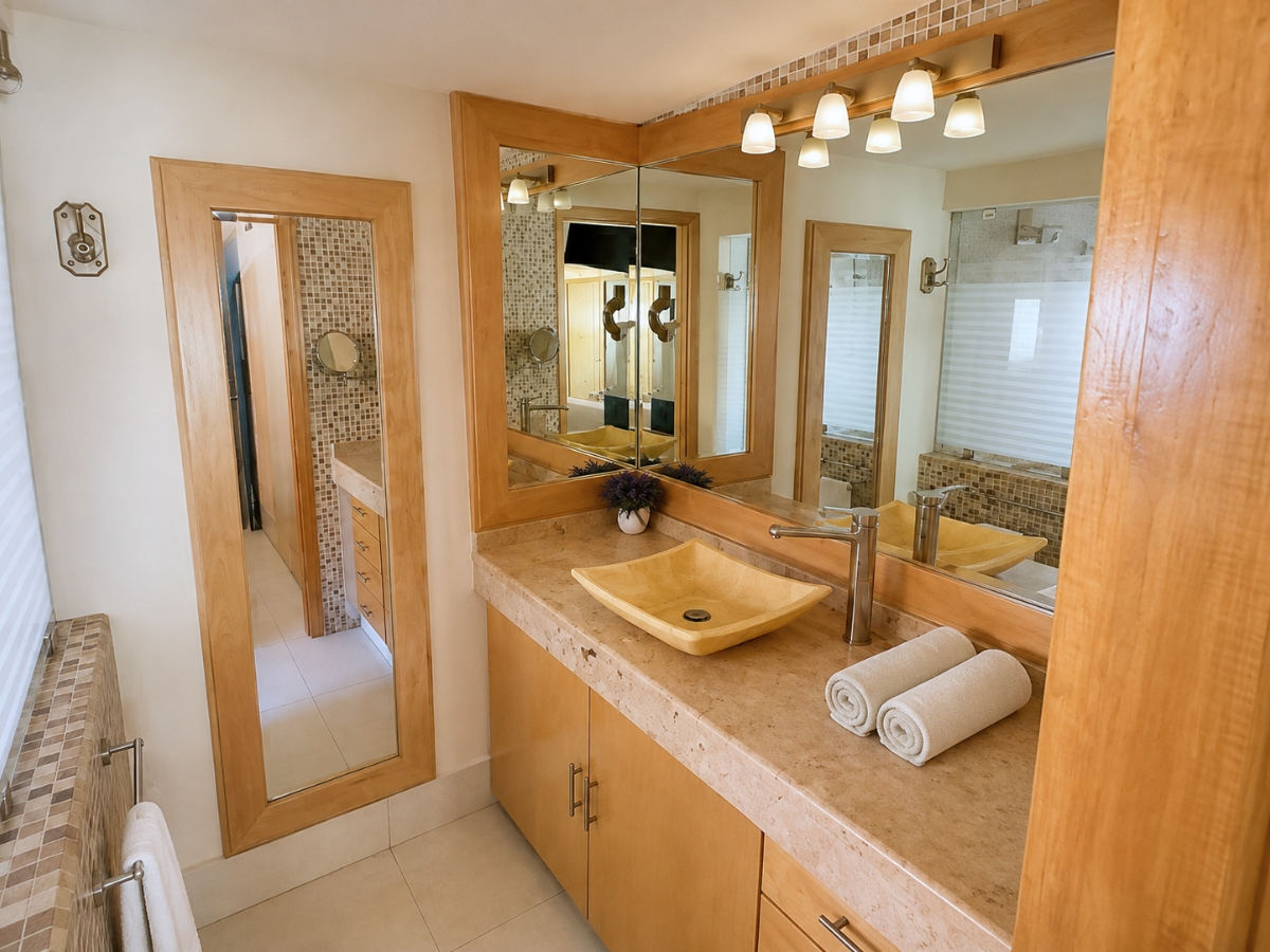 Baño con doble lavabo de piedra tallada y espejos iluminados, casa Las Fuentes 34-A en Cuernavaca
