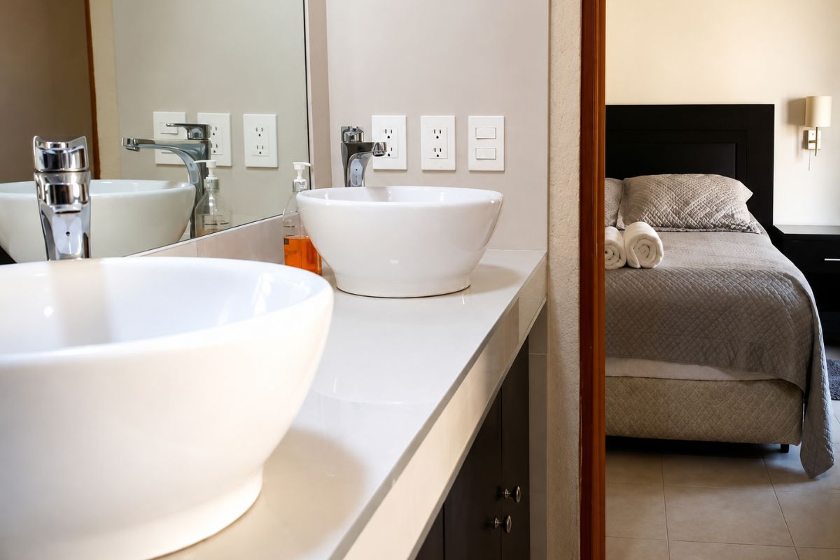 Baño en suite con lavabos ovalín conectado a recámara en Villa Las Fuentes, Cuernavaca